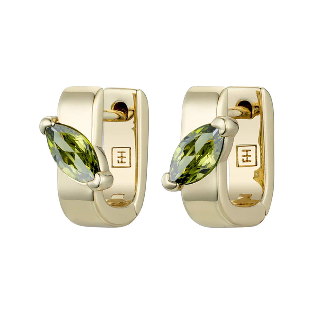 The Marquise link huggie earrings in gold and peridot colour from the brand F+H