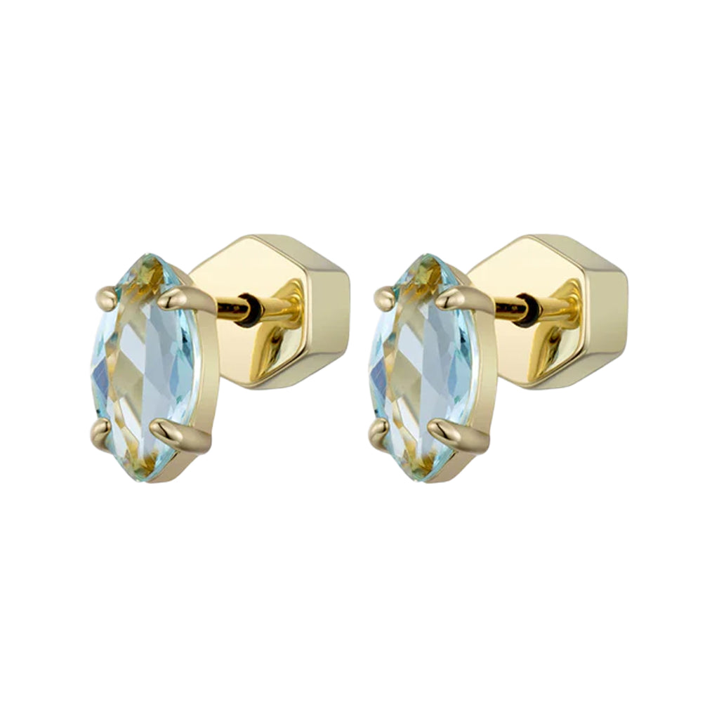 The Marquise stud earrings in gold and aquamarine colour from the brand F+H