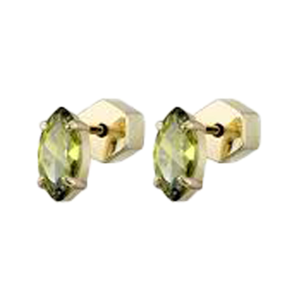 The Marquise stud earrings in gold and peridot colour from the brand F+H