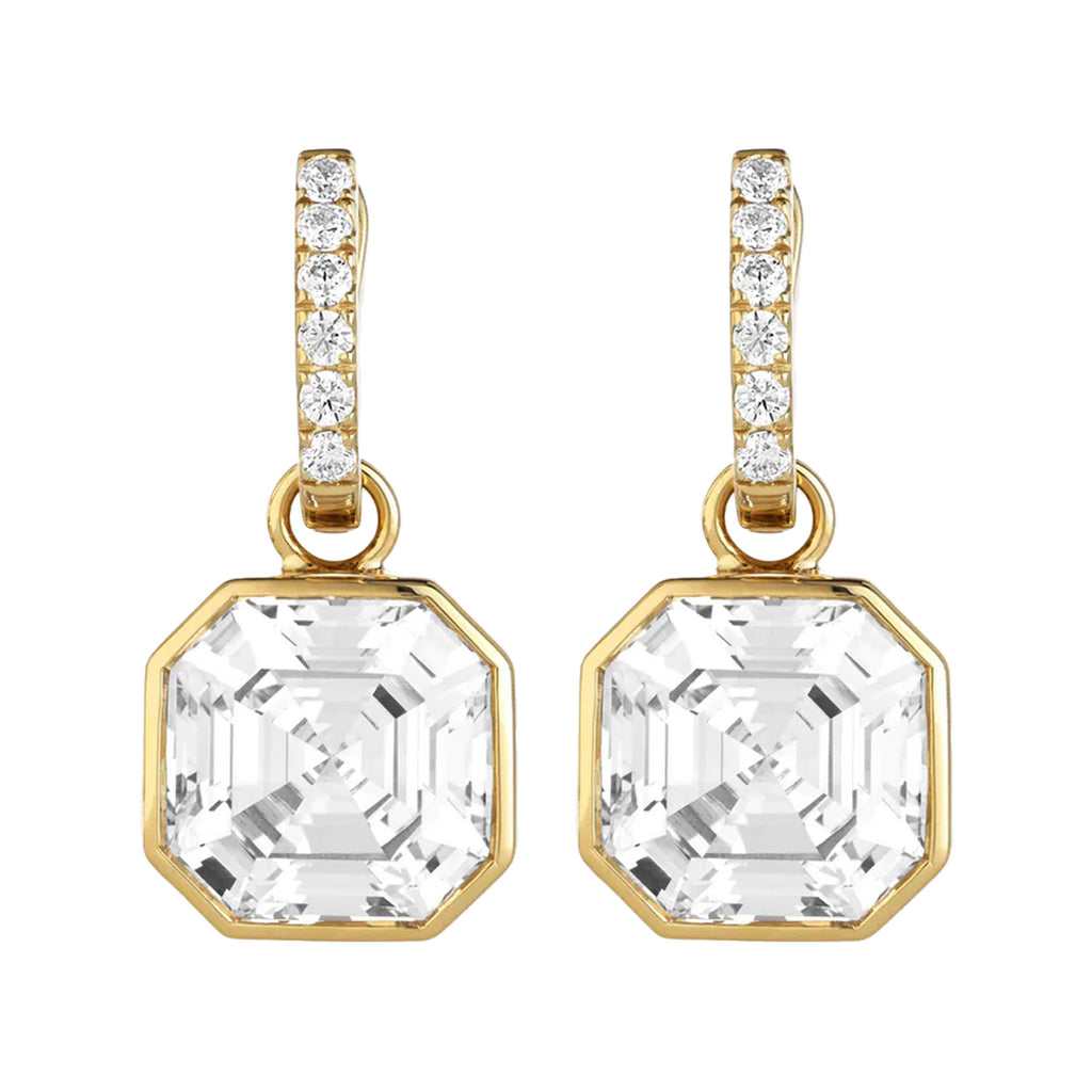 The Deco Dreams drop earrings in gold and clear colours from the brand HEAVENLY LONDON