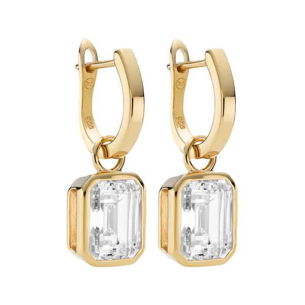 The Emerald Cut drop earrings in gold and clear colours from the brand HEAVENLY LONDON