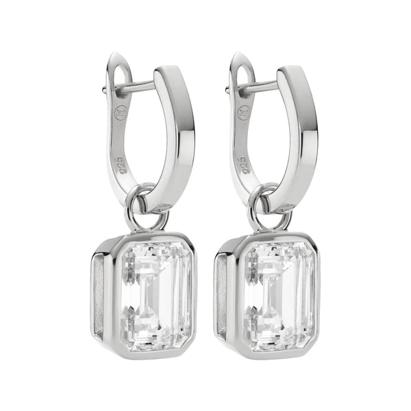 The Emerald Cut drop earrings in silver and clear colours from the brand HEAVENLY LONDON