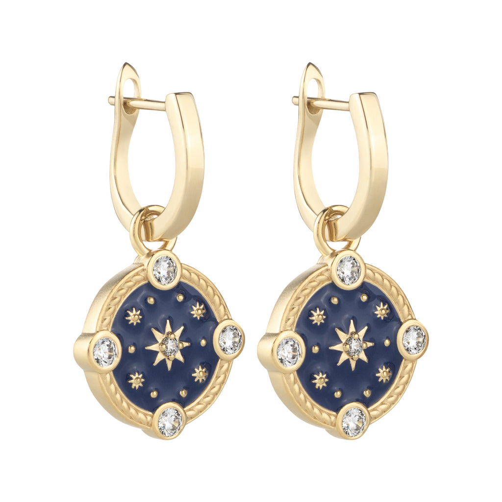 The New Romantics Leo drop earrings in gold and blue earrings from the brand HEAVENLY LONDON