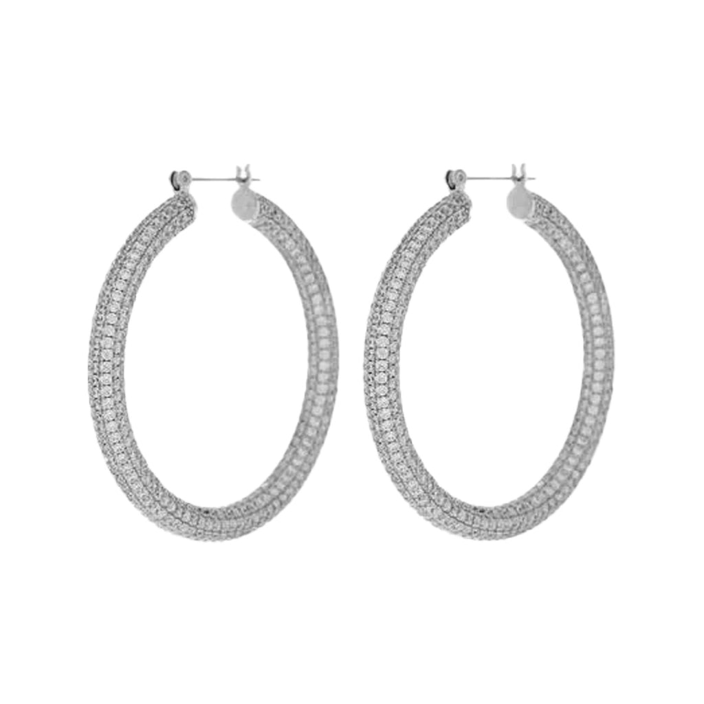 The Pave Amalfi hoop earrings in silver and clear colours from the brand LUV AJ