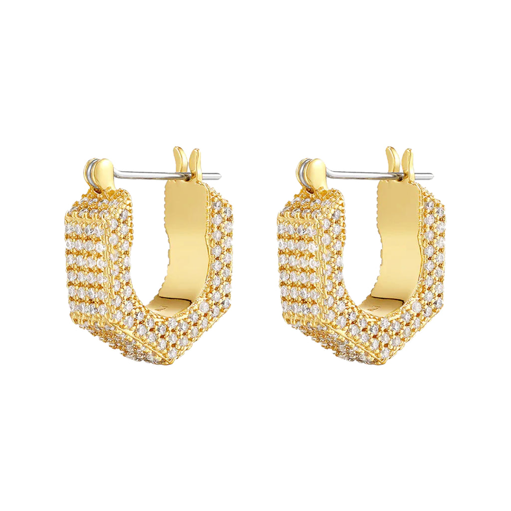 The Pave hex bolt huggie earrings in gold colour from the brand LUV AJ