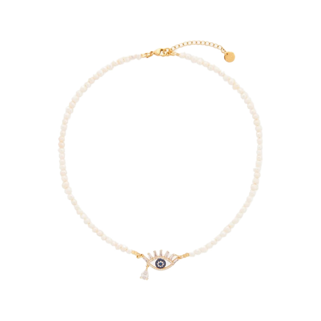 The Eyes Without A Face necklace in gold, pearl and blue colours from the brand MAYOL JEWELRY