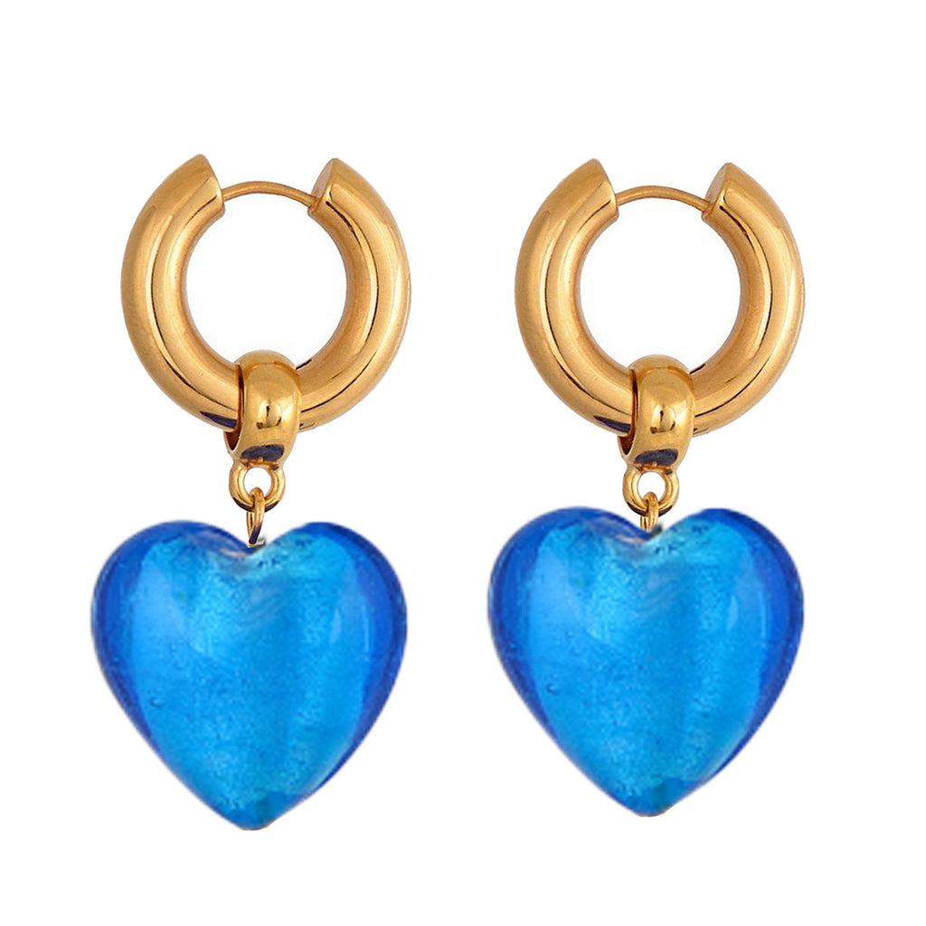 The Heart Of Glass hoop earrings in gold and atlantis blue colours from the brand MAYOL JEWELRY