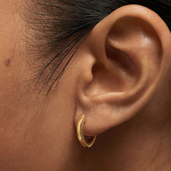 Model wearing the Duke hoop earrings in gold colour from the brand P D PAOLA