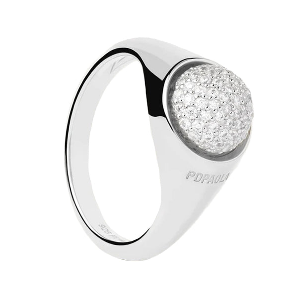 The Pavé Moon ring in silver and clear colours from the brand P D PAOLA