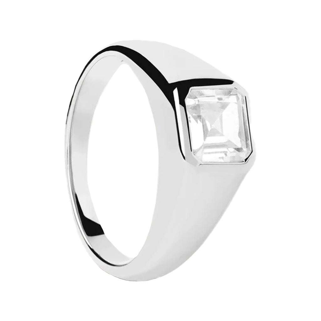 The square Shimmer stamp ring in silver and clear colors from the brand P D PAOLA